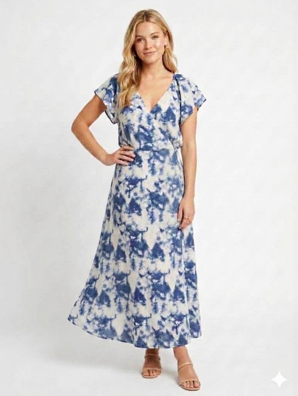 Orb Life Boho Tie Dye V-Neck Flowy Maxi Dress Flutter Sleeves NWT Size XXL